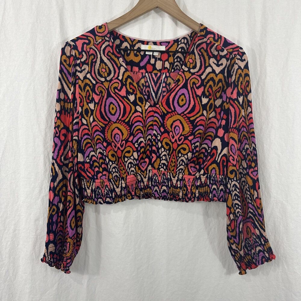Boden Crinkle Colorful Boho Vneck Smocked Detail Crop Top Womens Sz 12 Resort